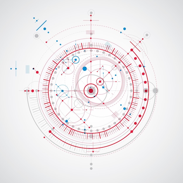 Technisch plan, abstract technisch ontwerp voor gebruik in grafisch en webdesign. Kleurrijke vectortekening van industrieel systeem gemaakt met mechanische onderdelen en cirkels.