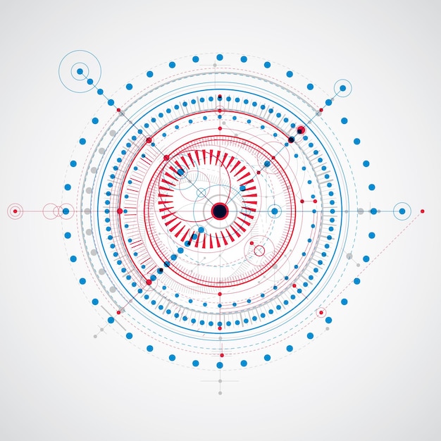 Vector technisch plan, abstract technisch ontwerp voor gebruik in grafisch en webdesign. rode en blauwe vectortekening van industrieel systeem gemaakt met mechanische onderdelen en cirkels.