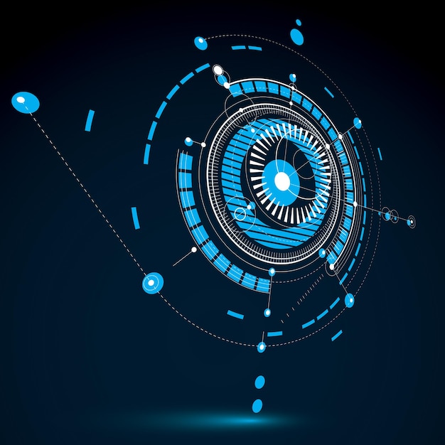 Technisch plan, blauw abstract technisch ontwerp voor gebruik in grafisch en webdesign. Perspectief vector tekening van industrieel systeem gemaakt met mechanische onderdelen en cirkels.