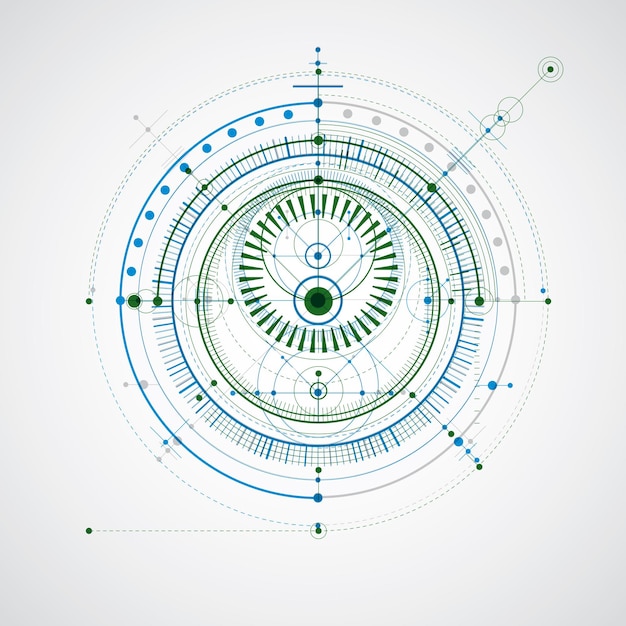 Technische blauwdruk, blauwe en groene vector digitale achtergrond met geometrische ontwerpelementen, cirkels. Illustratie van engineering systeem, abstracte technologische achtergrond.