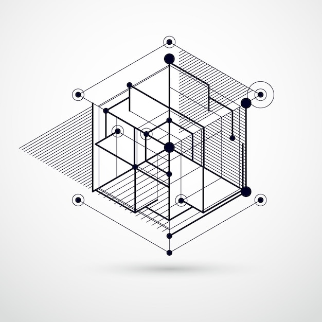 Technische blauwdruk, vector zwart-wit digitale achtergrond met geometrische ontwerpelementen, kubussen. Technisch technologisch behang gemaakt met honingraten.