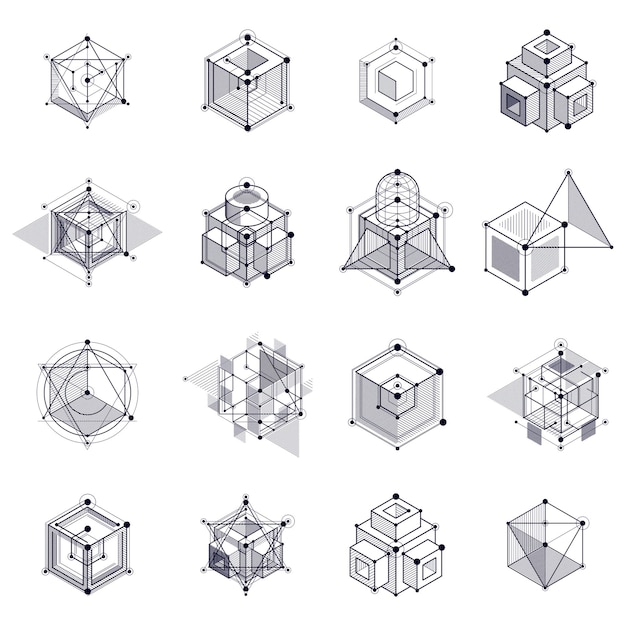 Technische blauwdrukken set, vector zwart-wit digitale achtergrond met geometrische ontwerpelementen, kubussen. Technisch technologisch behang gemaakt met honingraten.