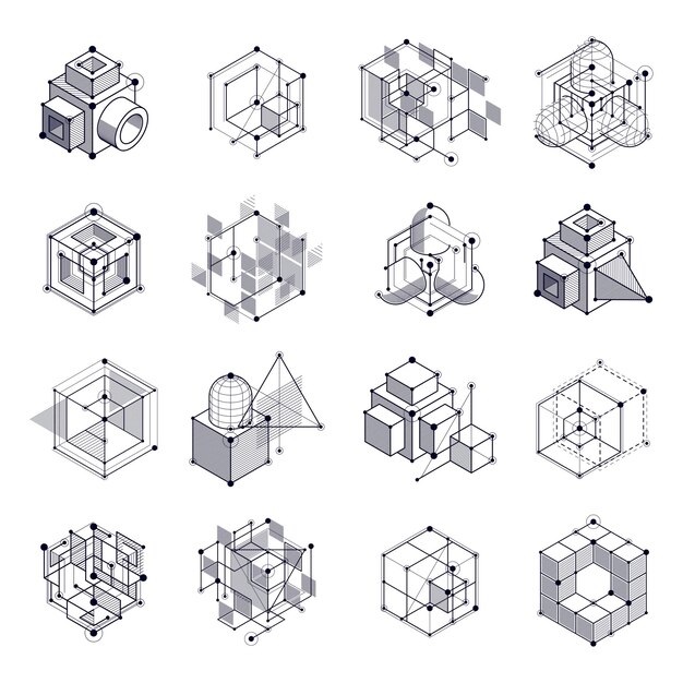 Technische blauwdrukken set, vector zwart-wit digitale achtergrond met geometrische ontwerpelementen, kubussen. Technisch technologisch behang gemaakt met honingraten.
