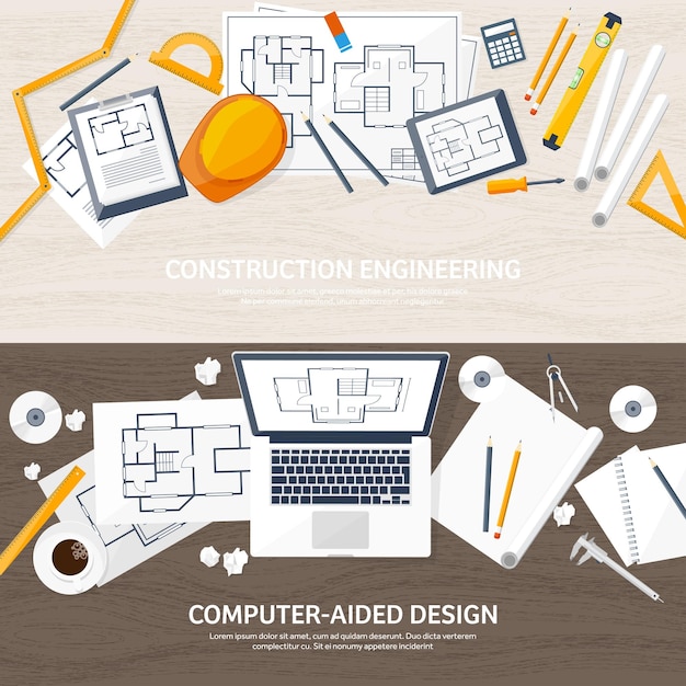 Vector technische en architectonische vectorillustratie tekeningen en bouw architectonisch project