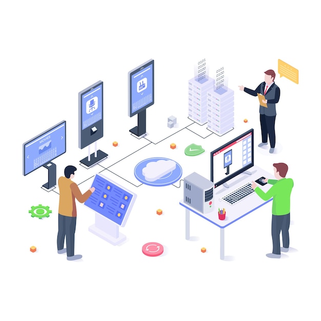 Technische ingenieurs isometrische illustratie van digital signage