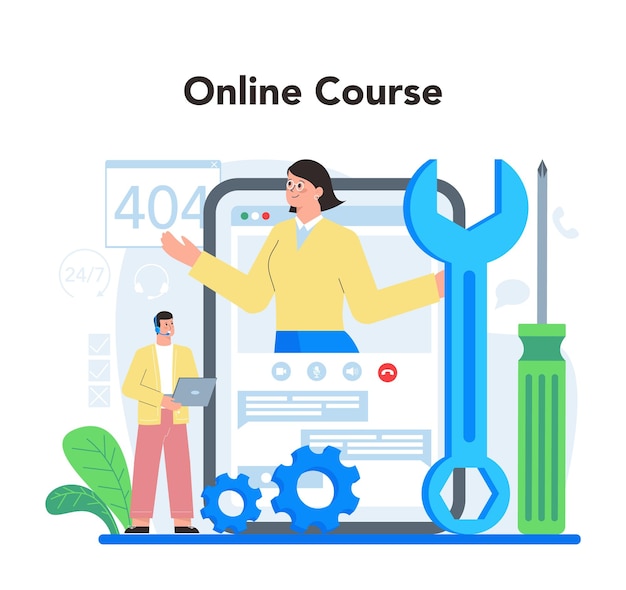 Technische ondersteuning online service of platform Idee van klantenservice Consultant ondersteunt klanten en helpt hen met problemen Online cursus Platte vectorillustratie