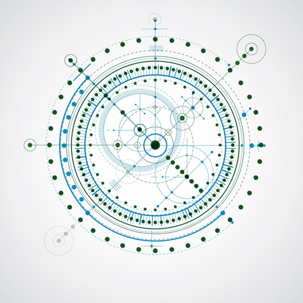 Technische tekening gemaakt met stippellijnen en geometrische cirkels. Blauw en groen vectorbehang gemaakt in communicatietechnologiestijl, motorontwerp.