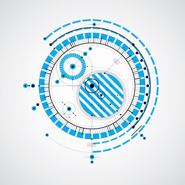 Technische tekening gemaakt met stippellijnen en geometrische cirkels. Blauw vectorbehang gemaakt in communicatietechnologiestijl, motorontwerp.