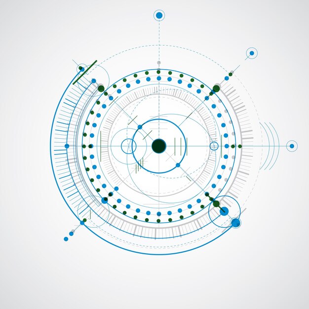 Technische tekening gemaakt met stippellijnen en geometrische cirkels. Kleurrijk vectorbehang gemaakt in communicatietechnologiestijl, motorontwerp.