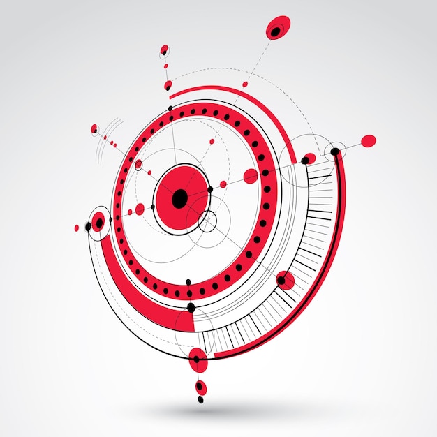 Technische tekening gemaakt met stippellijnen en geometrische cirkels. Rood perspectief vectorbehang gemaakt in communicatietechnologiestijl, 3D-motorontwerp.