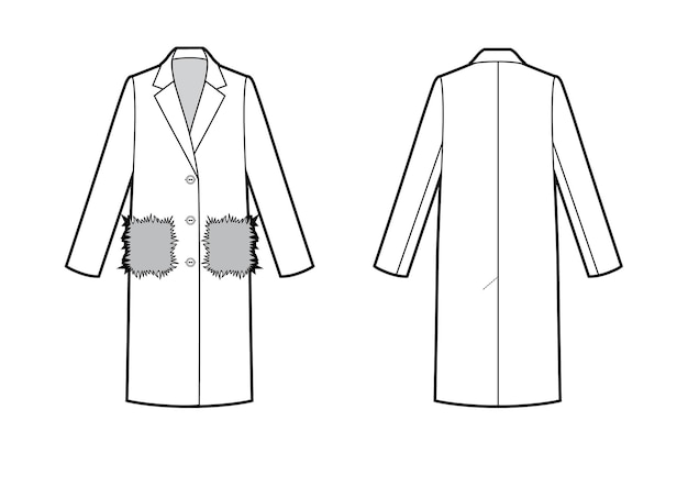 Technische tekening van klassieke jas met bontzakken