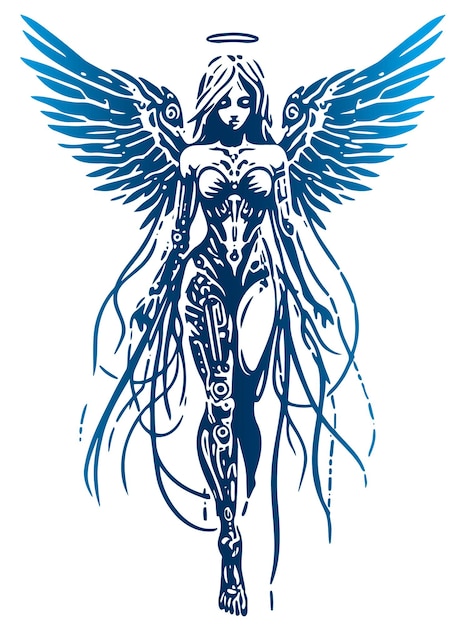 Vettore ragazza angelo techno con le ali lunghezza completa semplice stencil vettoriale disegno illustrazione su un retro bianco