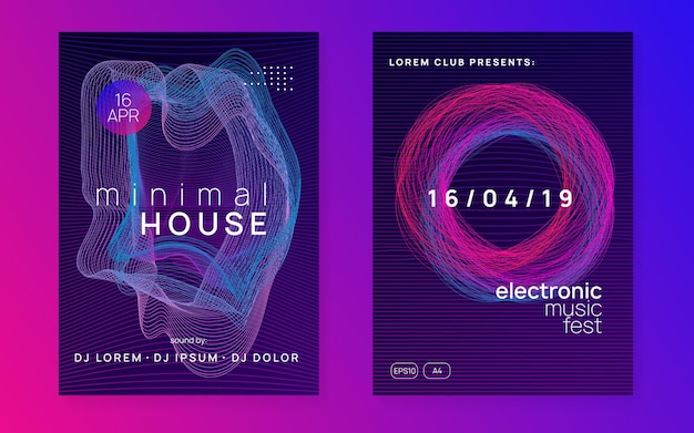 Techno event. wavy concert invitation set. dynamic gradient shape and line. neon techno event flyer. electro dance music. electronic sound. trance fest poster. club dj party.