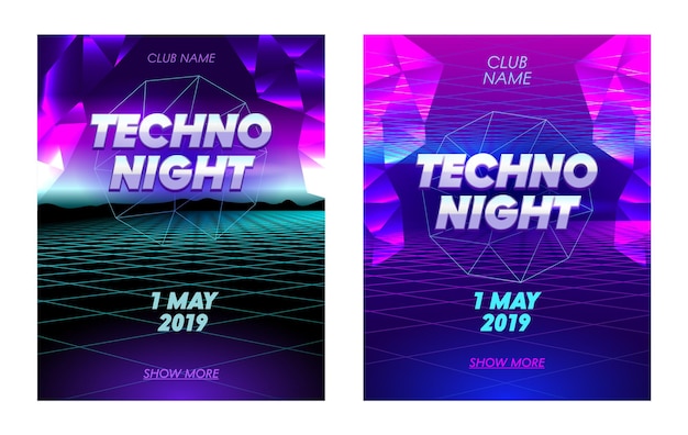 Vector techno night flyers set with typography