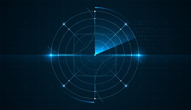 Technological and digital future user interface hud with spinning circles on dark blue background