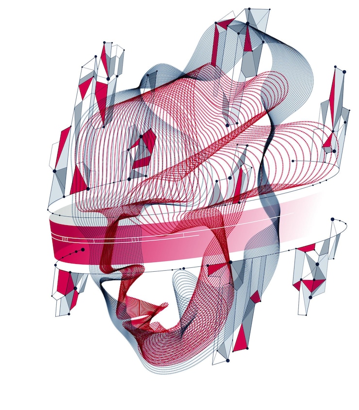 Vector technological evolution time, digital software soul of machine, human head vector portrait made of dotted particles flow in wave shapes lines. beautiful futuristic illustration.