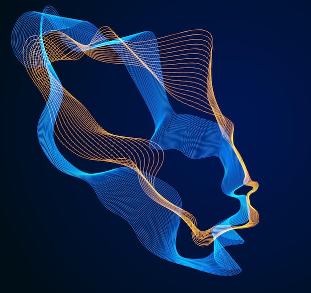 technological evolution time, digital software soul of machine, human head vector portrait made of dotted particles flow in wave shapes lines. beautiful futuristic illustration.