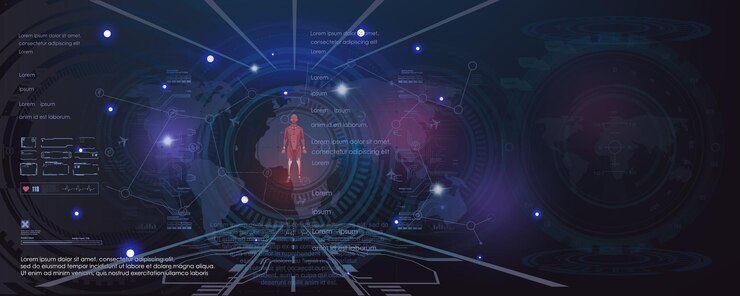 Vector technological futuristic cyber background in the style of hud humanmachine interaction robotics advanced technologies of the future artificial cyberintelligence robotics