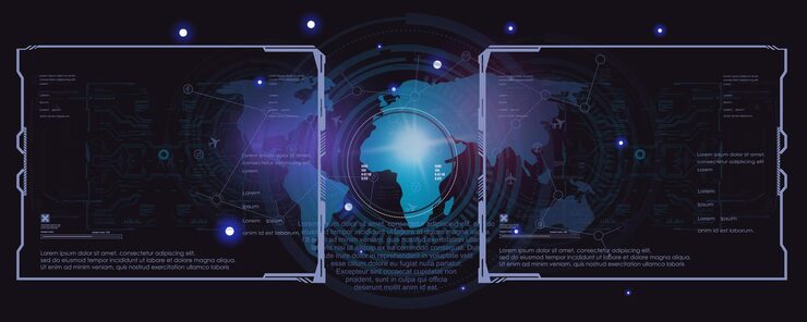 Vector technological futuristic cyber background with frames robotics advanced technologies of the future automated technologies techno background in the style of hud gui ui