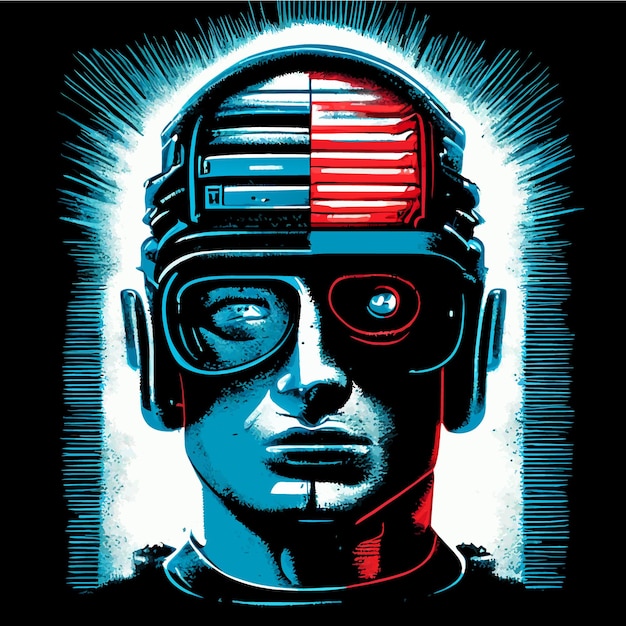 Technological Harmony Human Face and Futuristic Robot Head Elements United in Vector Art