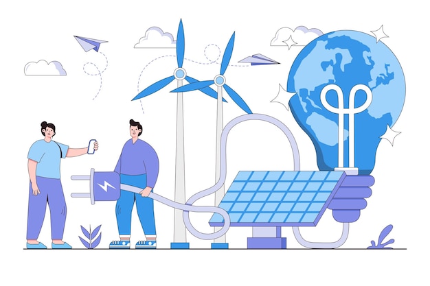 Technological solar panels alternative renewable and solar energy environmental and earth day vector cartoon illustration for landing page web banner hero images