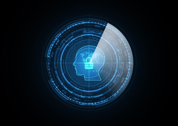 Technologie abstracte toekomstige lock wereldkaart menselijk hoofd radar veiligheid cirkel achtergrond vectorillustratie