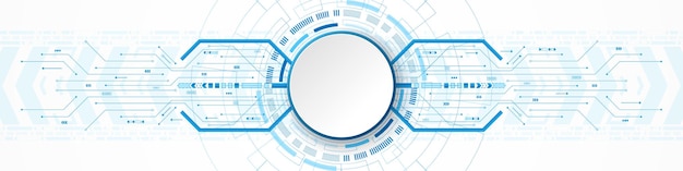 Technologie achtergrond witte cirkel banner op blauwe digitale cirkel en printplaat pijl versnellen