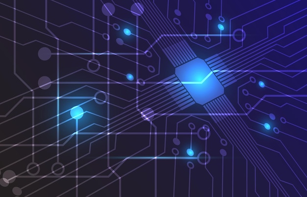 Technologie chip processor achtergrond printplaat en code. Futuristische microchip-processorlichten.