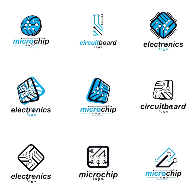 Technologie communicatie cybernetische elementen collectie. Vector abstracte printplaat. Set elektronische microprocessor-logo's.