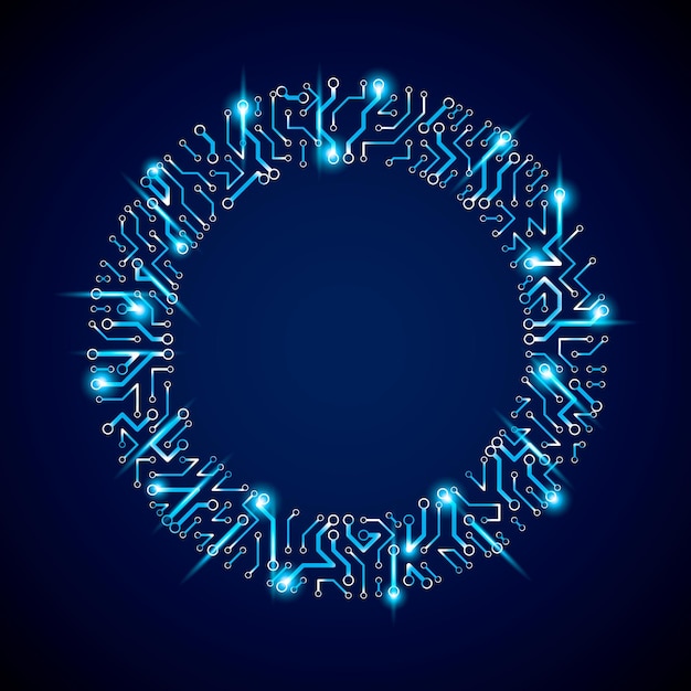 Technologie communicatie lichtgevend cybernetisch element. Abstracte vectorillustratie van neon printplaat in de vorm van een cirkel met glanseffect.