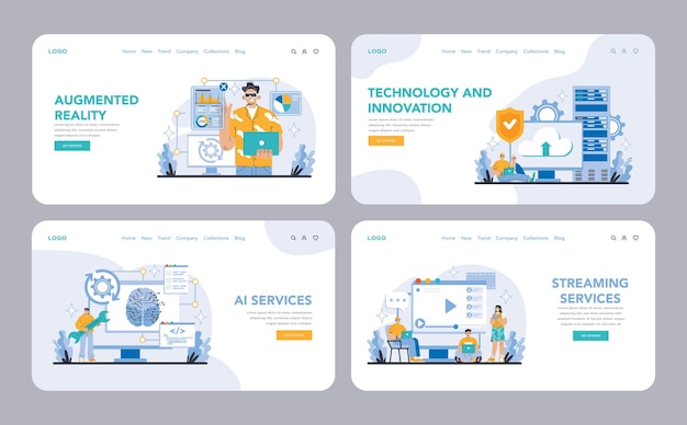 Technologie en innovatie web- of landingspagina set augmented reality en AI-serviceplatforms