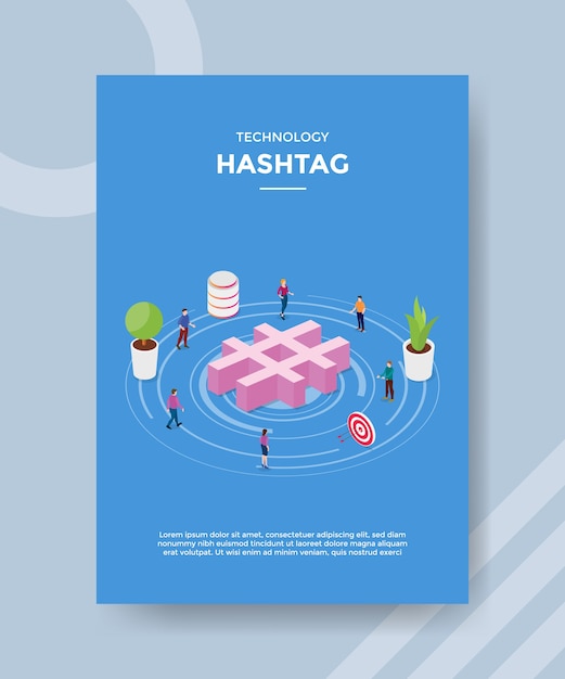 Technologie-hashtag mensen staan rond hashtag voor sjabloon van banner en flyer