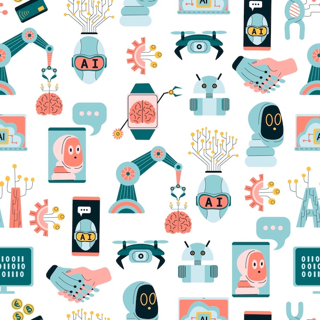 Technologie naadloos patroon met handgetekende neurale netwerken robots en kunstmatige intelligentie database achtergrondinformatie servercentrum wereldwijde netwerk back-up beveiligingsvector achtergrond