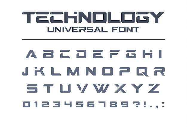 Technologie universeel lettertype. Geometrisch, sport, futuristisch, toekomstig techno alfabet. Letters en cijfers voor militaire, industriële, elektrische auto racelogo. Modern minimalistisch lettertype