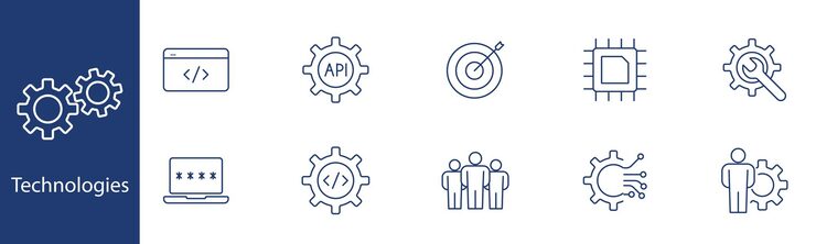 Vector technologies set icon coding api target chip settings team cybersecurity circuit programming technology development it solutions tech support concept
