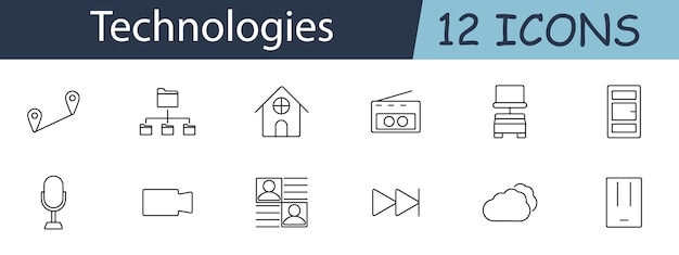 Technologies set icon GPS file system smart home radio server micro camera profiles fast forward cloud storage router document Tech concept Vector line icon on white background