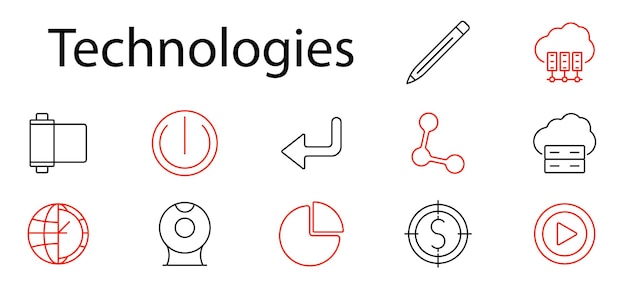 technologies set icon power button cloud server connection network webcam pie chart search settings play button internet data tech digital hardware software device communication