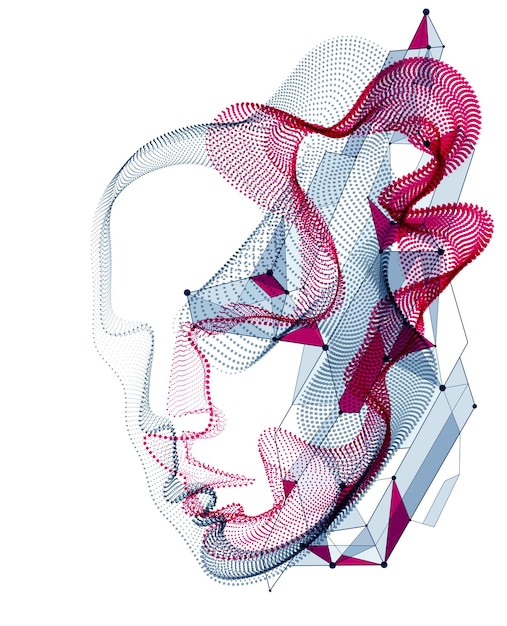 Technologische evolutie tijd, digitale software ziel van machine, menselijk hoofd vector portret gemaakt van gestippelde deeltjes stromen in golfvormen lijnen. mooie futuristische illustratie.
