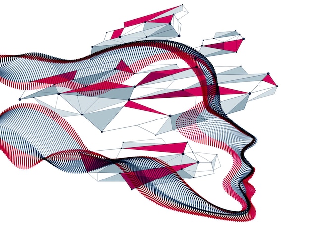 Technologische evolutie tijd, digitale software ziel van machine, menselijk hoofd vector portret gemaakt van gestippelde deeltjes stromen in golfvormen lijnen. Mooie futuristische illustratie.