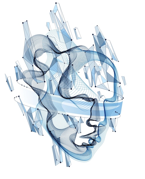 Technologische tijd Geest vector visualisatie in vorm van menselijk hoofd gemaakt van gestippelde deeltjes array stroom in kromme vormen, futuristische vectorillustratie.