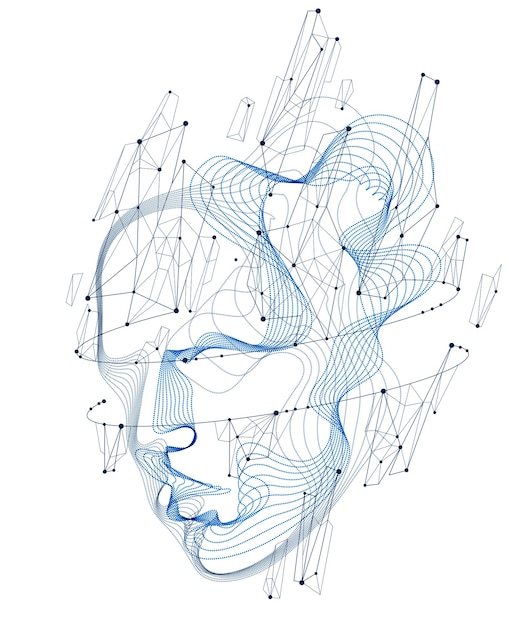 Technologische tijd Geest vector visualisatie in vorm van menselijk hoofd gemaakt van gestippelde deeltjes array stroom in kromme vormen, futuristische vectorillustratie.