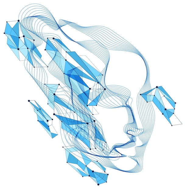 Technologische tijd Geest vector visualisatie in vorm van menselijk hoofd gemaakt van gestippelde deeltjes array stroom in kromme vormen, futuristische vectorillustratie.
