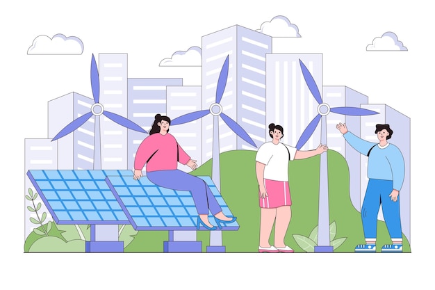 Technologische zonne-elektriciteit eco schone moderne elektrische energie concept Mensen karakters met groot zonnepaneel in stadspark Milieu en aarde dag cartoon vectorillustratie voor bestemmingspagina
