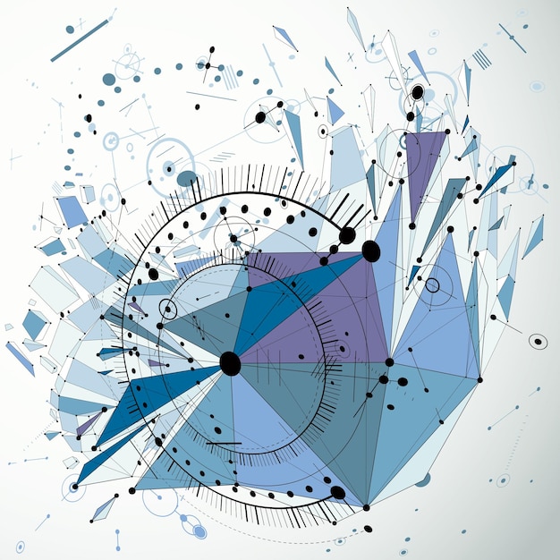 기술 3d 벡터 드로잉에는 낮은 폴리가 파괴된 기하학적 개체와 와이어프레임, 파란색 기술 벽지가 있습니다. 엔진 또는 엔지니어링 메커니즘의 추상 차원 미래 계획.