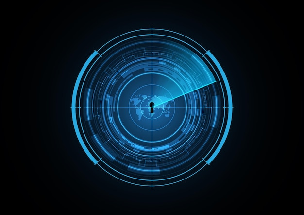 Illustrazione di vettore del fondo del cerchio di sicurezza del radar della mappa del mondo del buco della serratura del futuro astratto di tecnologia