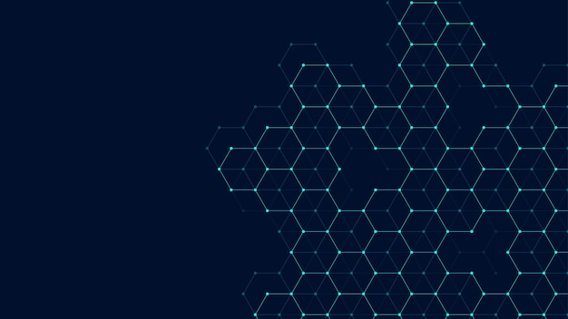 Technology abstract lines and dots connect background with hexagons. hexagon grid. hexagons connection digital data and big data concept. hex digital data visualization. vector illustration