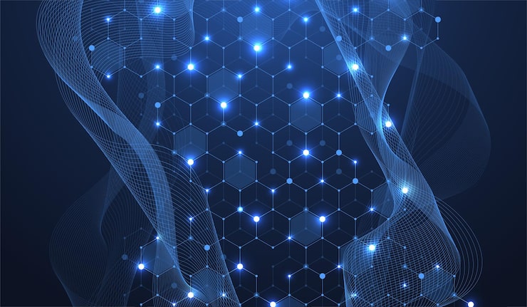 Vector technology abstract lines and dots connect background with hexagons. hexagon grid. hexagons connection digital data and big data concept. hex digital data visualization. vector illustration.