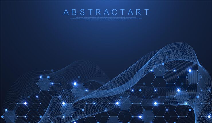 Vector 기술 추상 라인과 점은 육각형으로 배경을 연결합니다. 육각 격자입니다. 육각형 연결 디지털 데이터와 빅 데이터 개념. 16진수 디지털 데이터 시각화. 벡터 일러스트 레이 션.