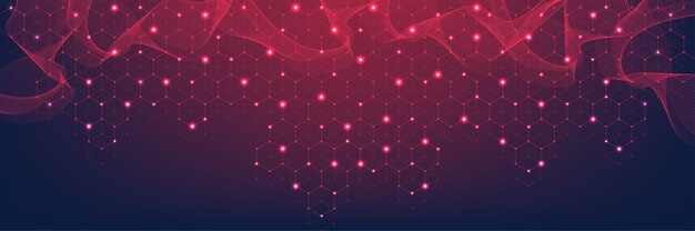 テクノロジーの抽象的な線と点は、背景と六角形を接続します。六角形のグリッド。六角形の接続デジタルデータとビッグデータの概念。六角形のデジタルデータの視覚化。