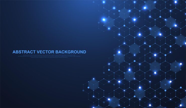 Технологические абстрактные линии и точки соединяют фон с шестиугольниками. Шестиугольники соединения цифровых данных и концепции больших данных. Шестнадцатеричная визуализация цифровых данных. Векторная иллюстрация.